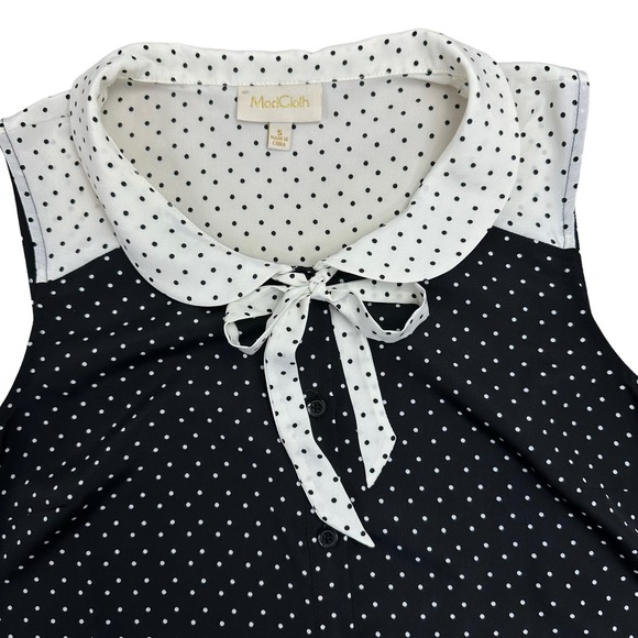 ModCloth Coquette Polka Dot Sleeveless Top Size Small Black White Bow Girly - Picture 10 of 13
